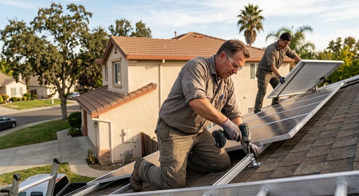 Solar installer reviewing rooftop panel layout with a Stockton homeowner during a site visit