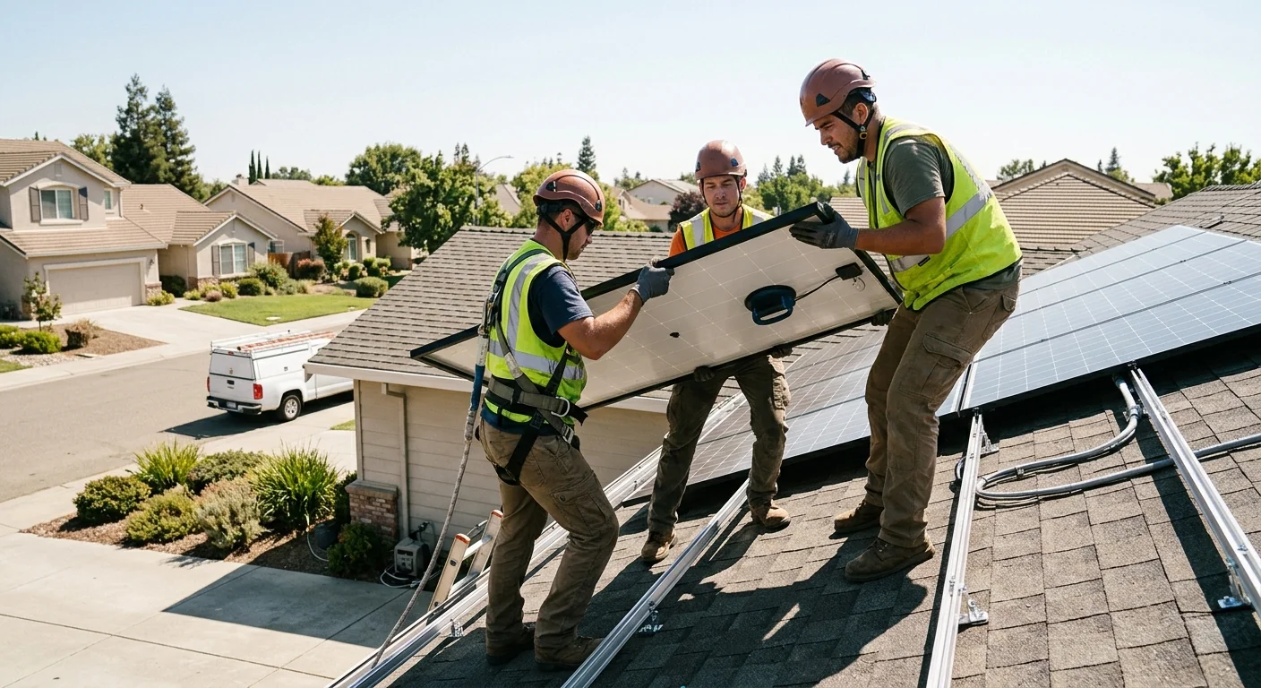 Crew lifting a solar panel into place on a pitched roof
