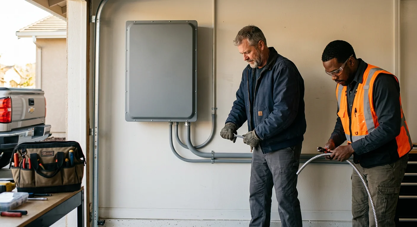 Wall-mounted solar battery storage unit installed in a clean garage