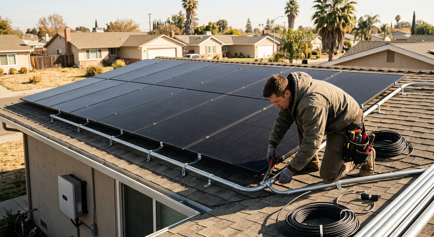 Completed residential solar system with neatly routed conduit and straight panel rows